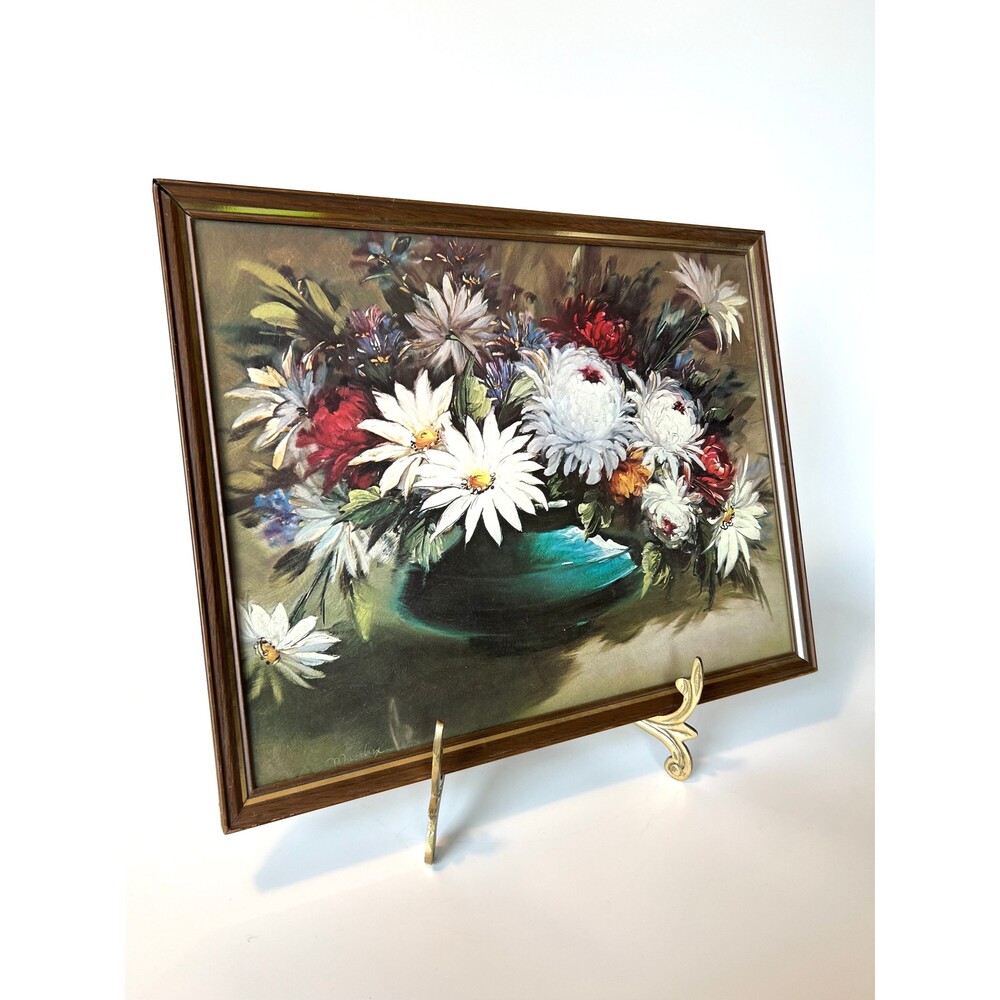 Framed Floral Lithograph Print, Vintage Jeweled Toned Floral Art